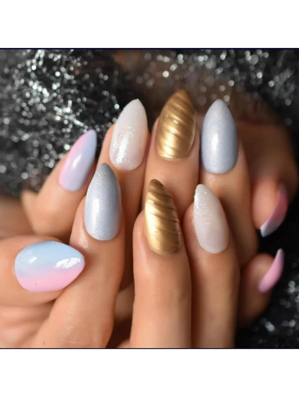 24 Medium Press on nails kit w glue unicorn ombre gold horn iridescent pastel pu